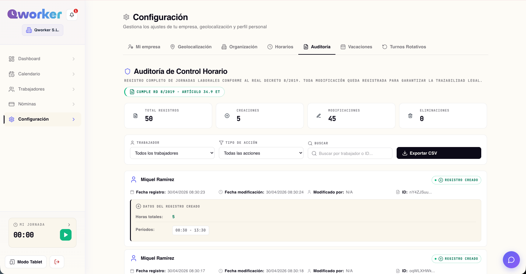 Log de auditoría de cambios de fichajes en QWorker admin