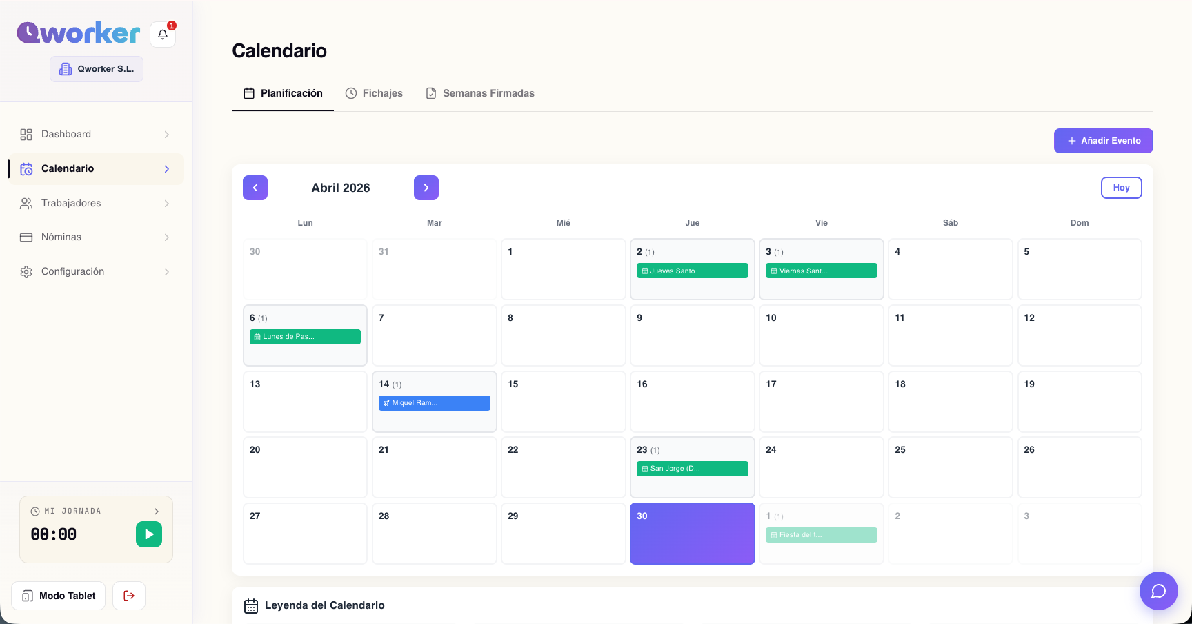 Configuración de festivos por sede en el panel admin de QWorker