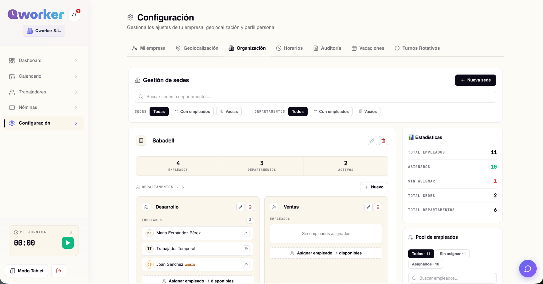 Vista multi-sede con trabajadores asignados en QWorker admin