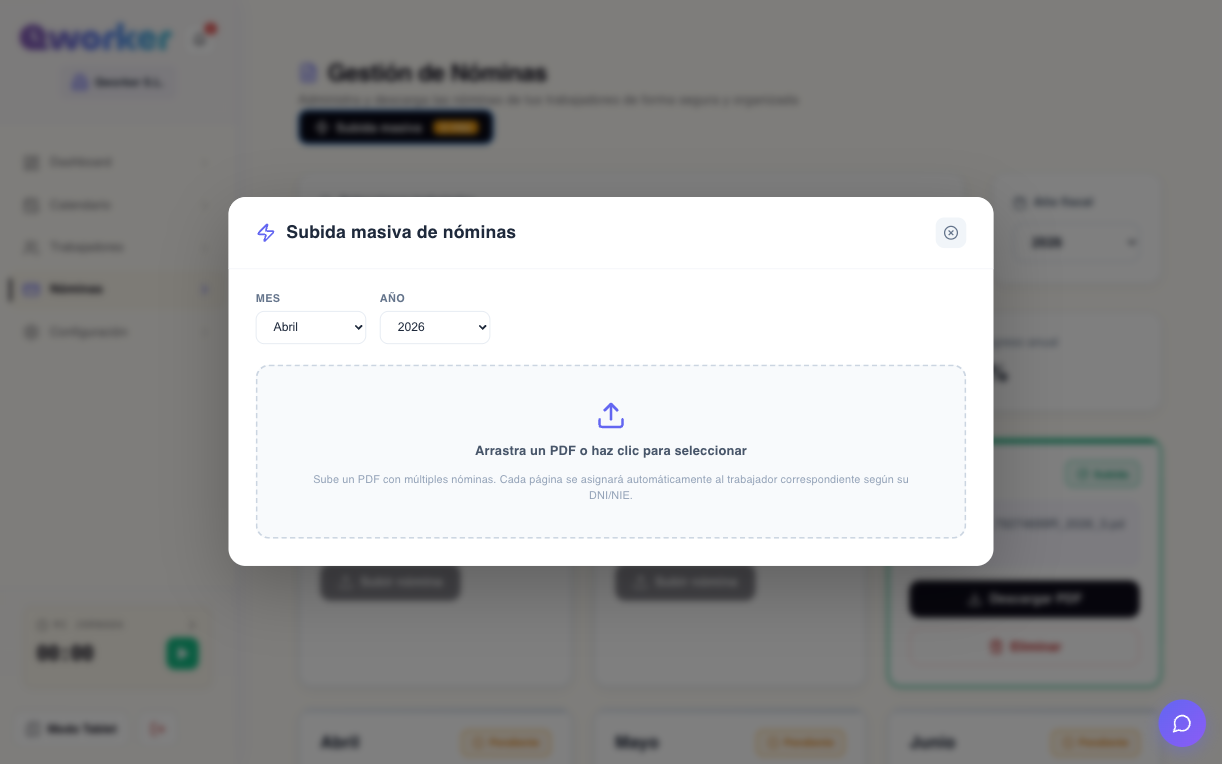 Panel de administración de nóminas en QWorker con subida individual y masiva