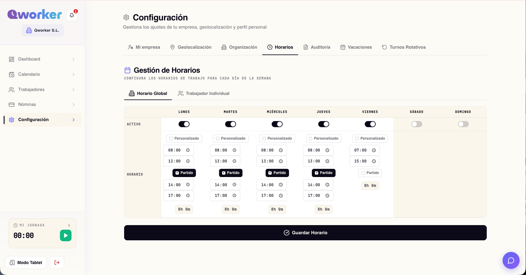 Configuración de turnos y horarios en el panel admin de QWorker