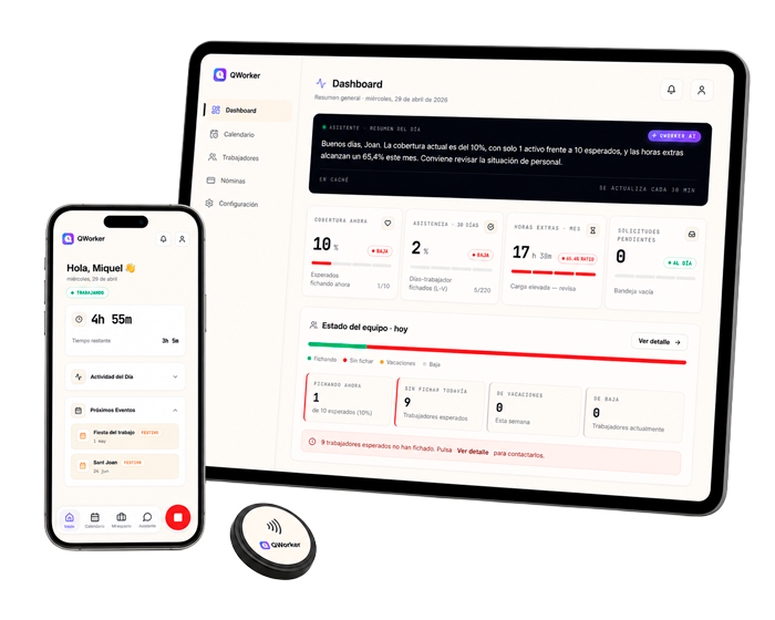 QWorker en iPad y móvil mostrando dashboard, fichaje y notificaciones