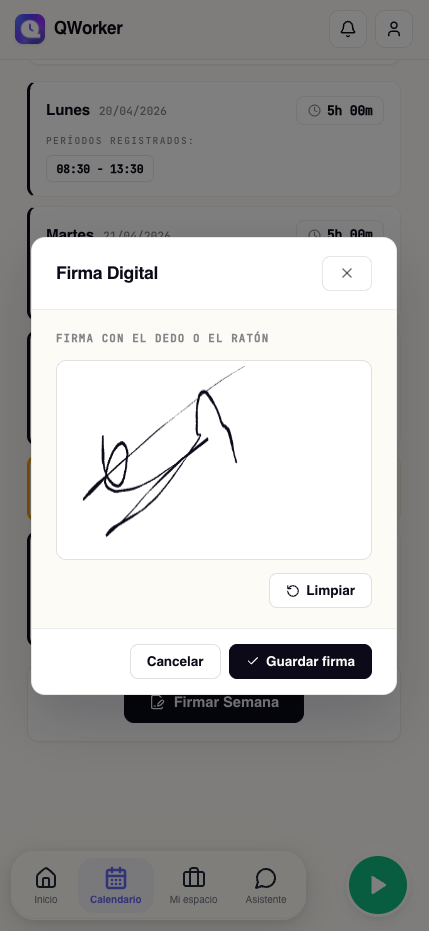 Pantalla de firma digital semanal del trabajador en QWorker