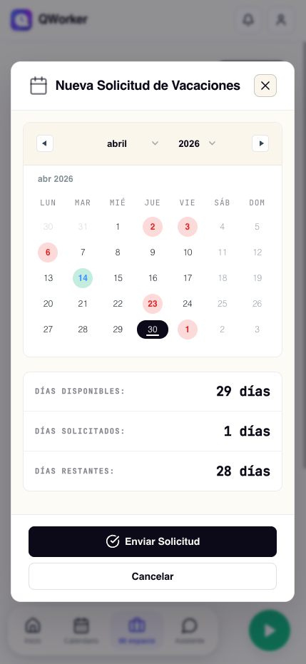 Pantalla de gestión de vacaciones del trabajador en QWorker